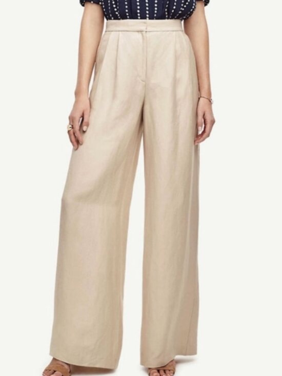 Ann Taylor Sz 4 Beige Sand Linen Blend High Rise Wide Leg Relaxed Beach Pants - Picture 1 of 9